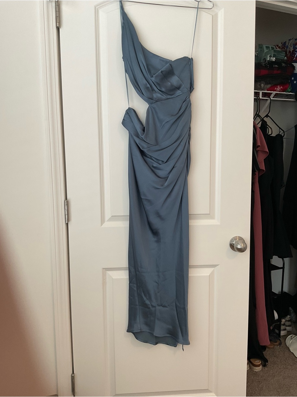 Astr One-Shoulder Slate Blue Draped Evening Gown